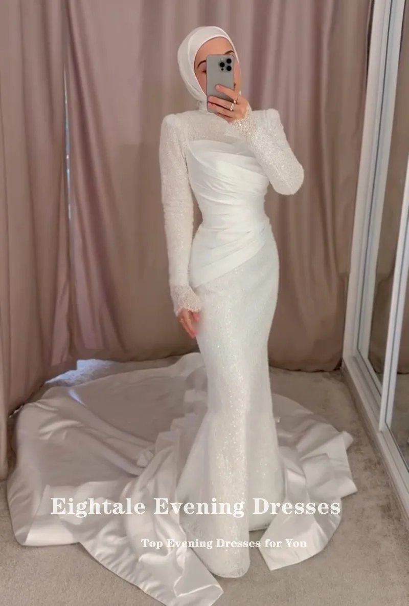 Robes de mariée arabes de quatre-quarts personnalisées paillettes manches longues sirène robe de mariée en Satin ivoire avec jupe détachable