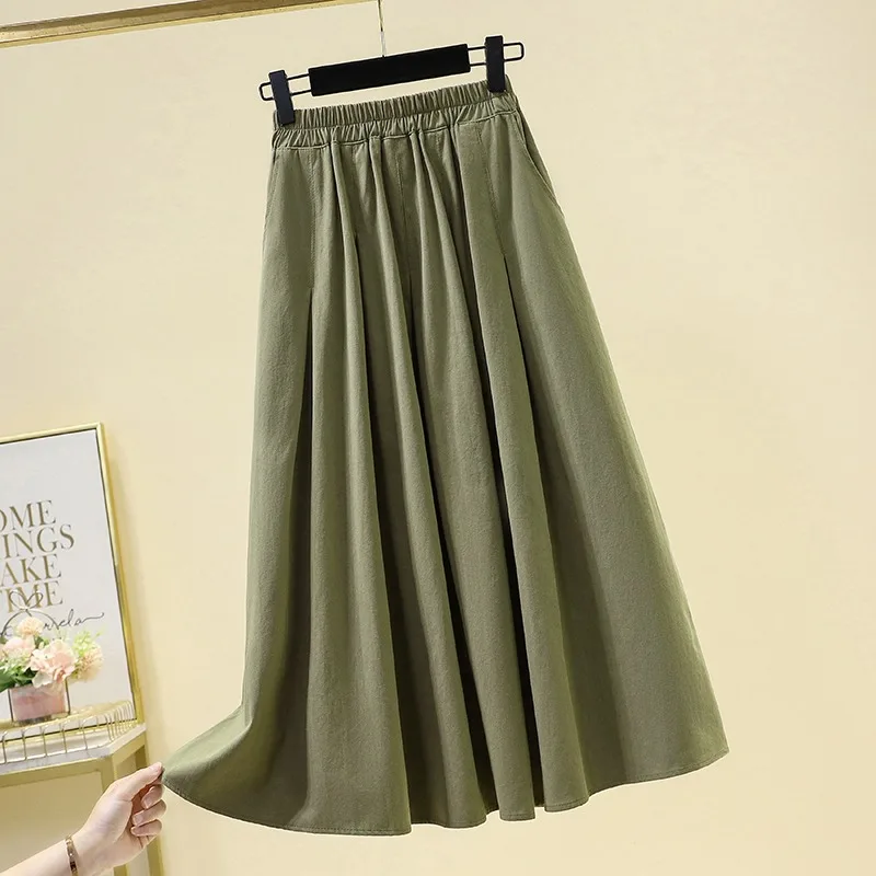 تنورة نسائية من القطن والكتان بخصر عالٍ على شكل حرف a طويلة Dr بسيطة اللون مطوي بقصة ضيقة تنورة مظلة للتنقل Sle Summer Col... #2