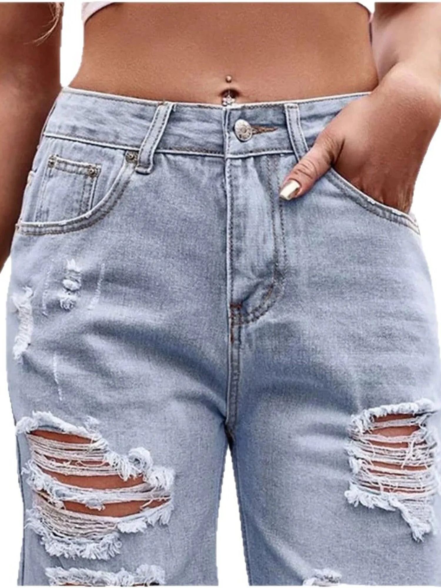 Women's High Waist Ripped Cotton Denim Jorts Distressed Frayed Hem Loose Fit Knee Length Bermuda Shorts Y2K 2026 Summer Casual view 5