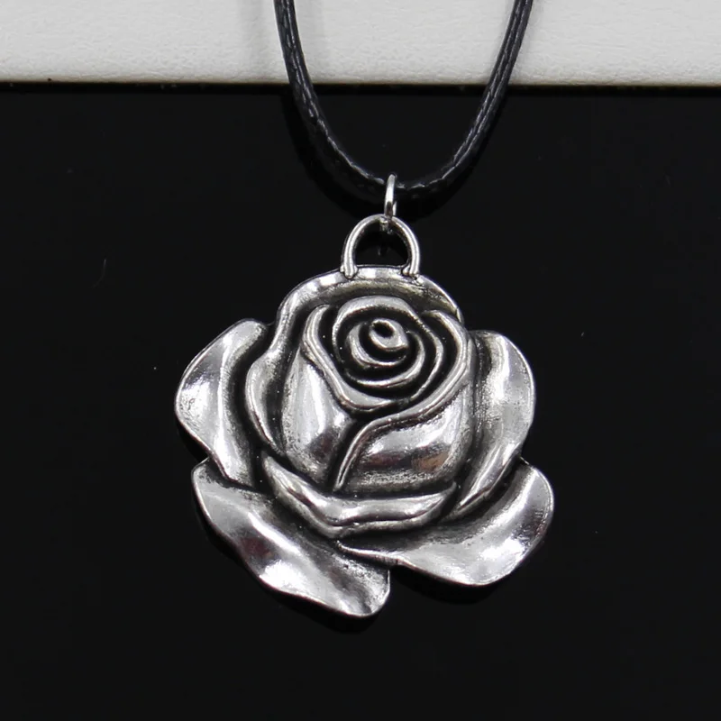 New Fashion Tibetan Silver Color Pendant Rose Flower Necklace Choker Black Leather Cord Factory Price Handmade Jewelry