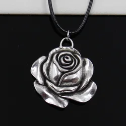 New Fashion Tibetan Silver Color Pendant Rose Flower Necklace Choker Black Leather Cord Factory Price Handmade Jewelry