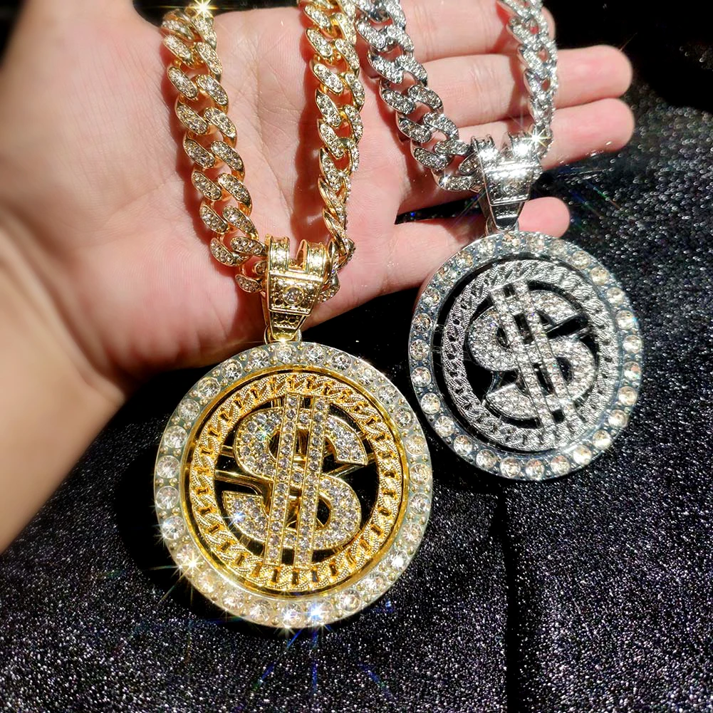 Men Hip Hop Cuban Link Chain Rotatable Dollar Pendant Necklace Iced Out Bling Zircon Stainless Steel Chain Necklaces Jewelry