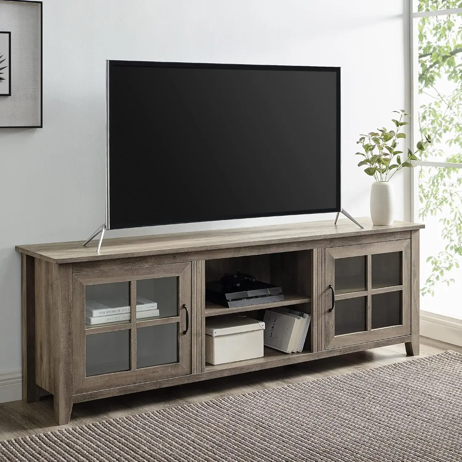 2 Glass Door TV Stand for TVs up to 80 Inches, 70 Inch, Grey Wash