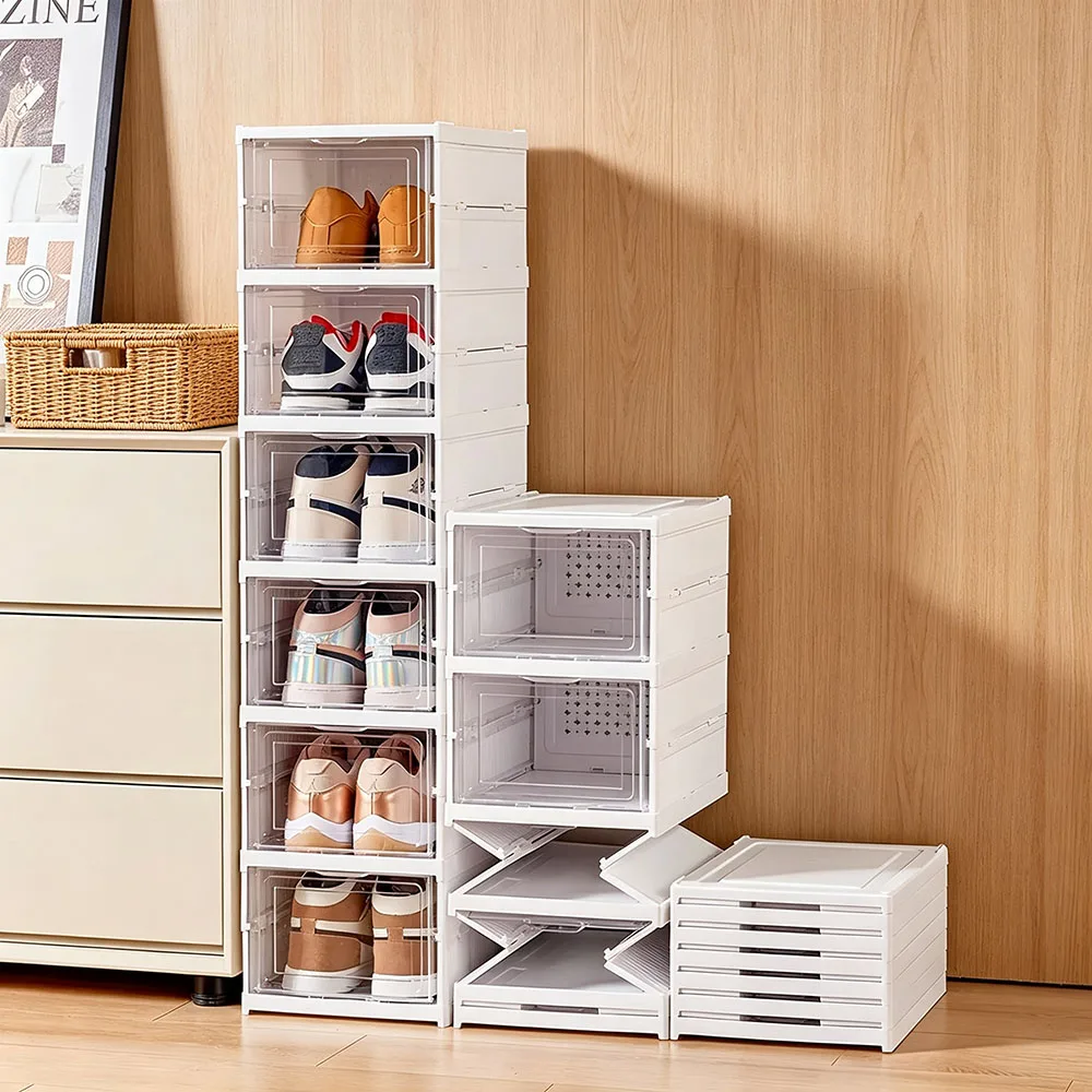 1/3 Layers Foldable Shoes Storage Box Transparent Sneaker Shoes Box Stackable Dustproof Cabinet Shoe Organizers Rack Shelf