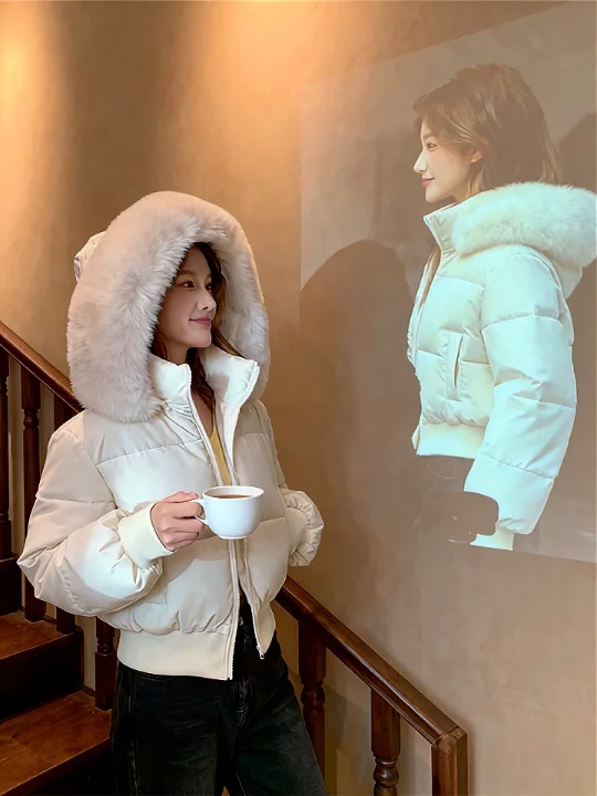 

Unique Thiened Fluffy Lined Hooded Cotton Jaet ort Bread Sle Casual Faionable Winter Outerwear with Fur Collar