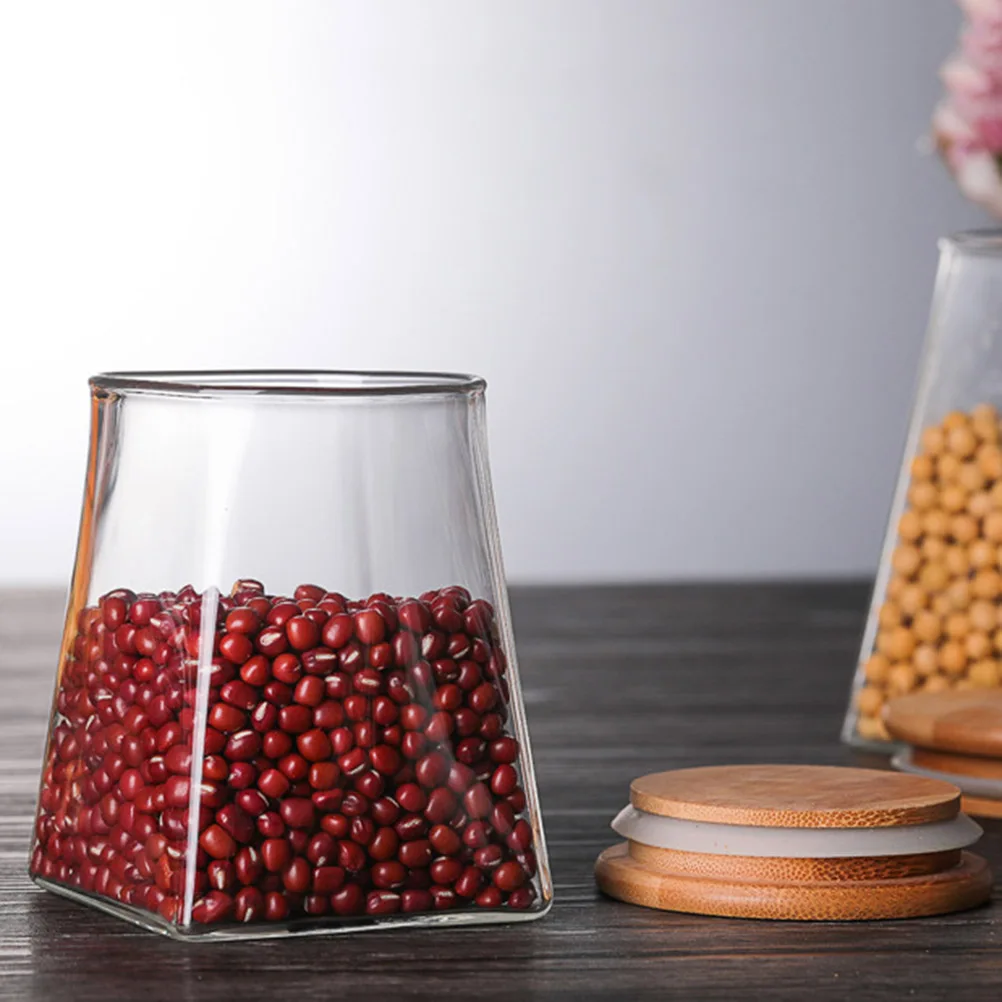 

750ml Glass Storage Tank Square Sealed Container Wooden Lid Clear Surface Portable Multifunctional Storage Bottle for Grains