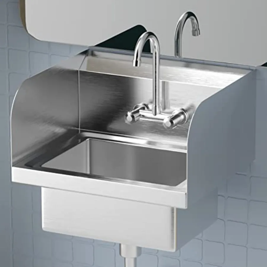 

Heavy duty commercial hand wash sink with stainless steel construction wall mount design featuring side splash guard and integr