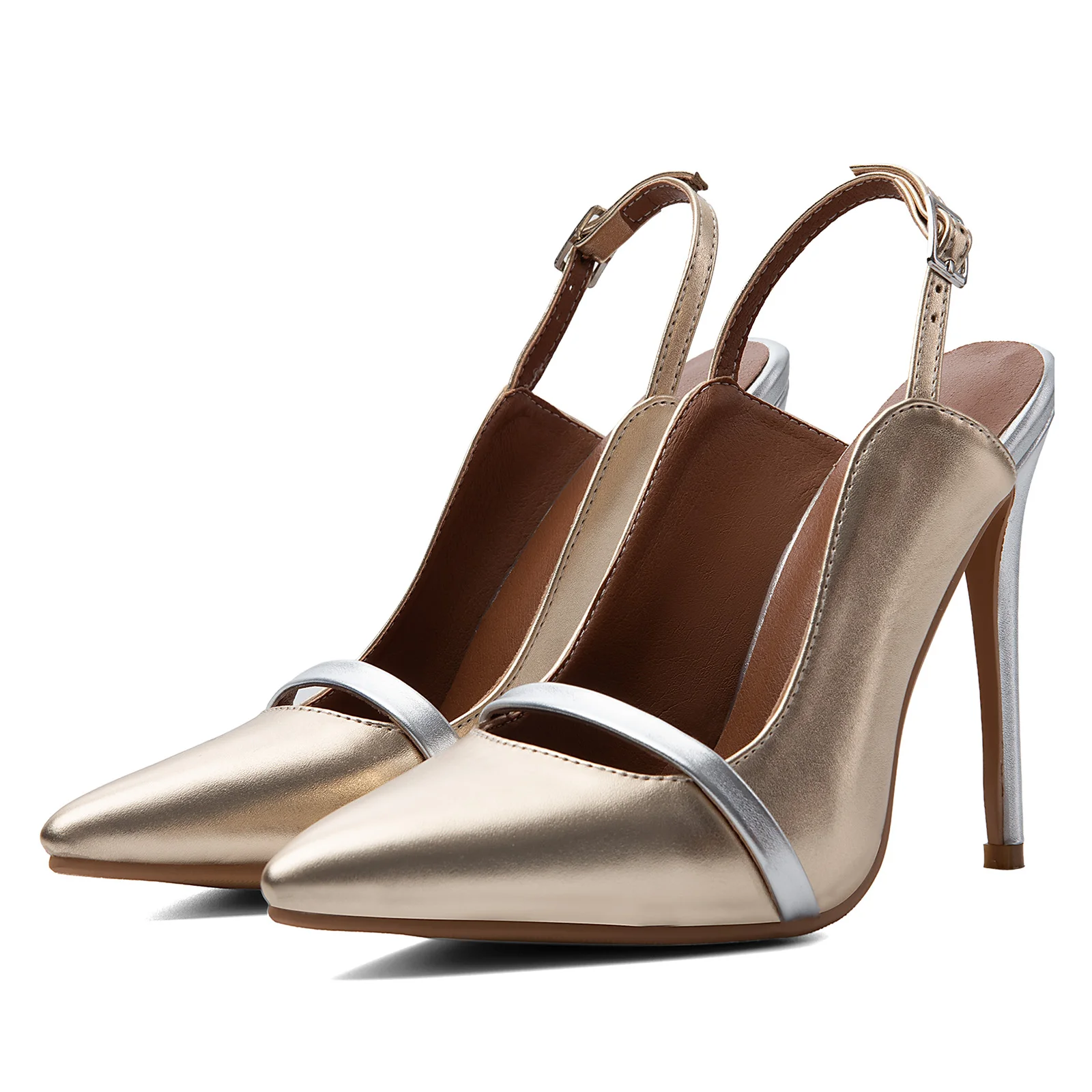 European-American Style Golden Silver Color-blocked Pointed Toe Slingback High Heel Mules Women Stiletto Sexy Party Dress Pumps