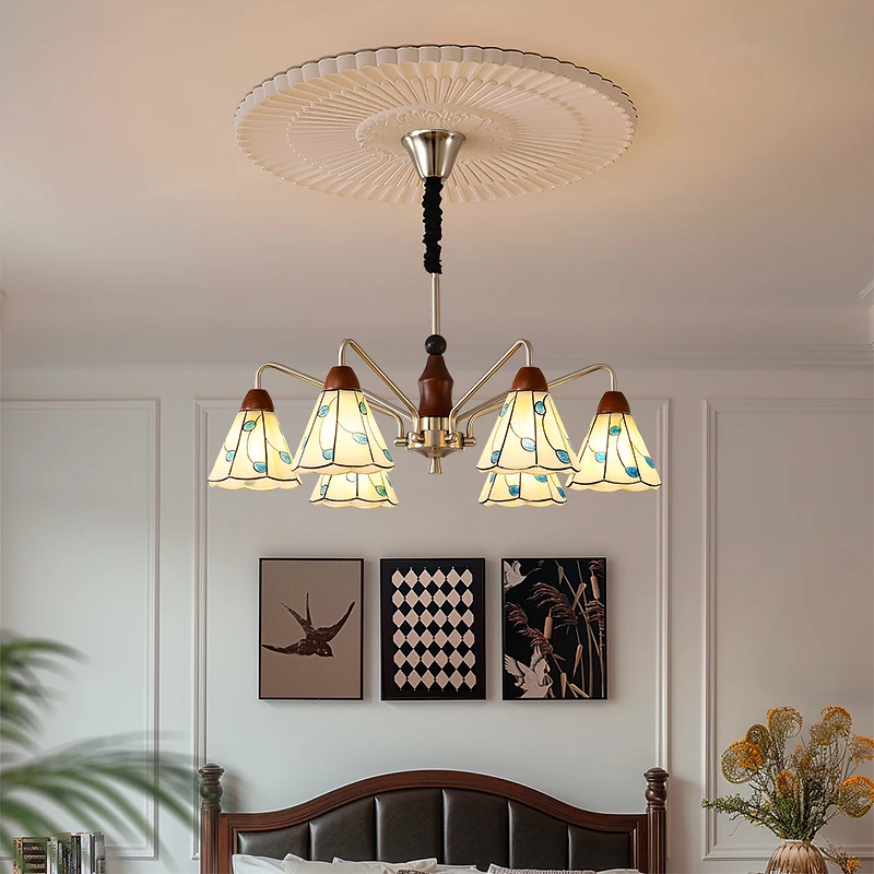 French Vintage Wrought Iron LED Chandeliers Taper Glass Pendant Light Living Room Bedroom Restaurant Kitchen Wooden Hanging Lamp
