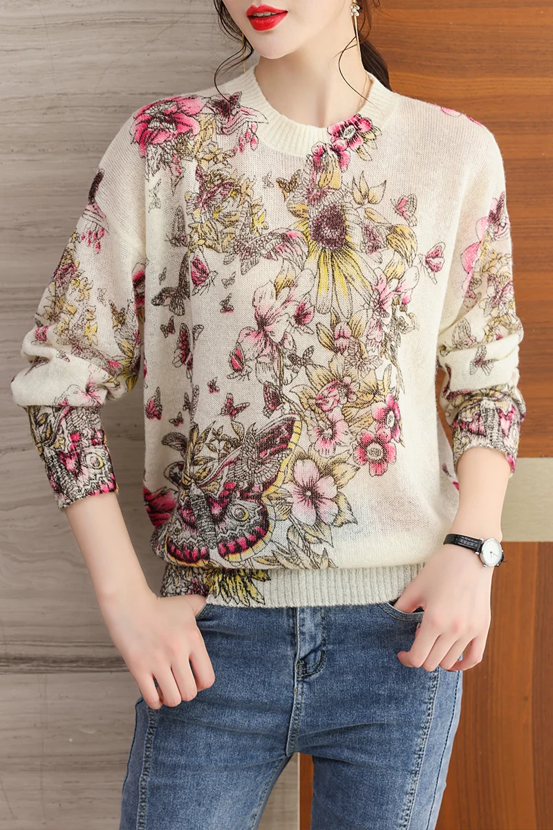 

Print Women's Sweaters Spring Autumn Korean Fashion Pullover Long Sleeve Top Femme Soft O Neck Thin Knitted Sweater