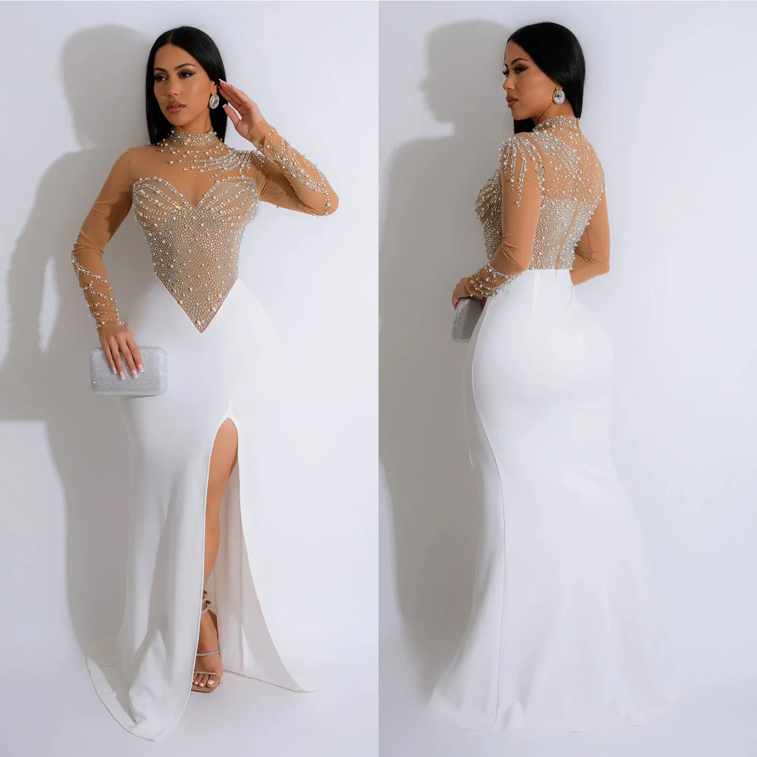 

Women Dress Floor Length Dresses Mock Neck Mesh Diamond Slim Bodycon Sheath Splice Hot Drilling Elegant Gown Sexy Vestidos 2024