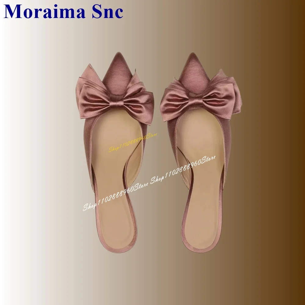 Casual Dark Brown Silk Bowknot Decor Half Slippers Thin High Heel Women Shoes Slip On Pointed Toe 2024 Sexy Zapatos Para Mujere