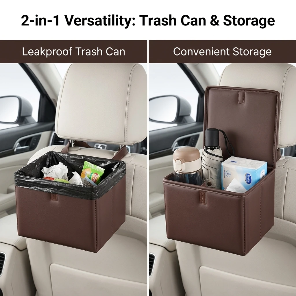 Car Trash Can PU Leather Foldable Organizer Multi-functional Backseat Storage Box for Interior Car Accessories