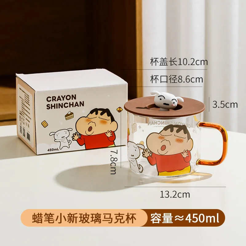クレヨンすねちゃん漫画大容量マグカップ、ふた付きかわいい人形ガラス、オフィスコーヒーカップ、家庭用ミルクカップ、誕生日プレゼント、450ml