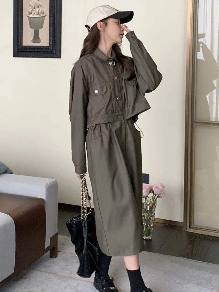 

Long Sleeves Dress For Women Lapel Zipper Split Dark Gray Fashion Streetwear Dresses Clothing 2023 Autumn New 2DA1672