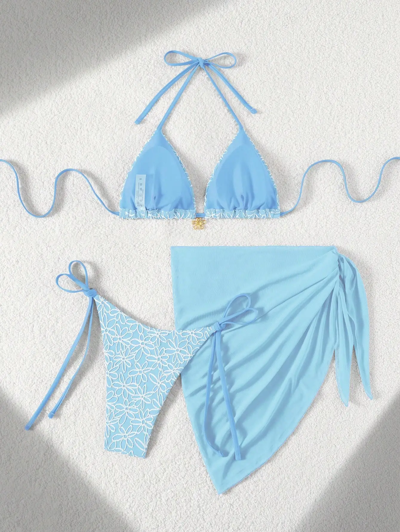 

3 Piece Blue Floral Bikini Set With Halter Top Side Tie Bottoms And Mesh Skirt