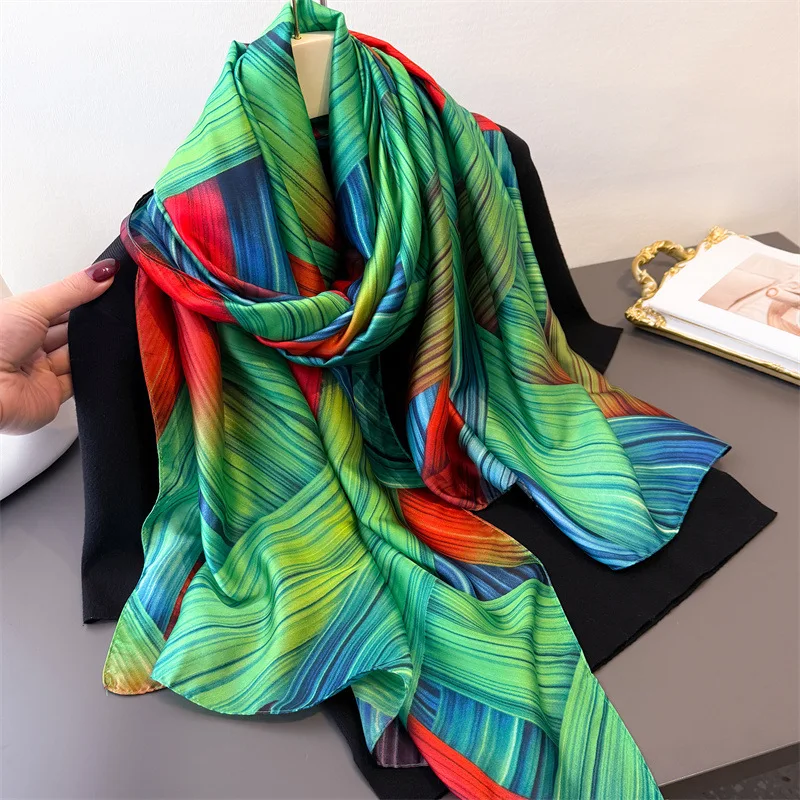 

2025 НОВЫЕ модные женские шарфы с цветными блоками, шелковый шарф с цветком, весенние шали, женский пляжный шарф, мягкие длинные дизайнерские накидки