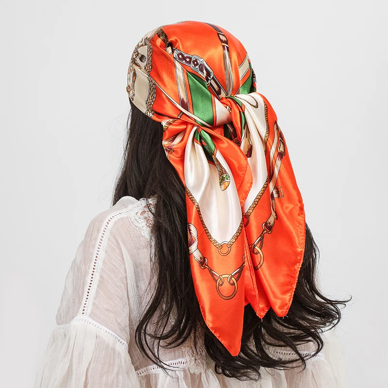 Luxus Marke 90 cm Platz Silk Schal Frauen Schals Wraps Hijab Schals Drucken Kopftuch Femme Kopf Schal Foulard Bandana Strand pareo – Detail 1
