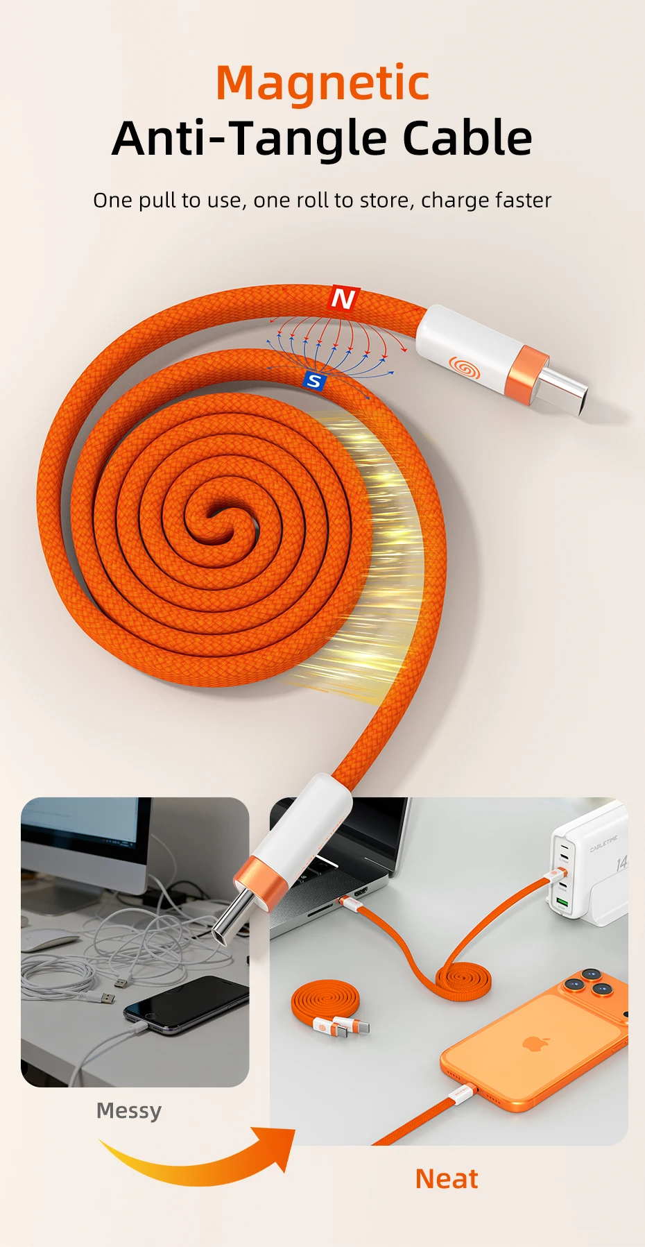 CABLETIME USB-C Kabel Magnetisches Typ-C Kabel PD100W 480Mbps Flachkabel Hochgeschwindigkeitsübertragung für HUAWEI Xiaomi iPhone 17/16 C-Kabel – Detail 3