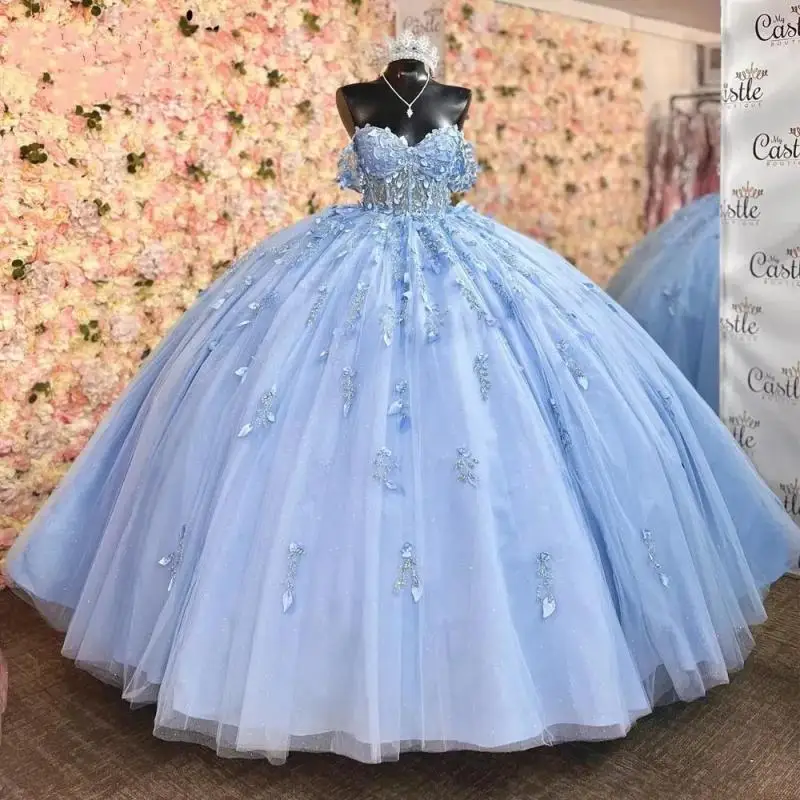 

Customized Glittering Light Blue Quinceanera Dresses Train Leaves Lace Applique Off-Shoulder Vestidos De 15 Anos Birthday