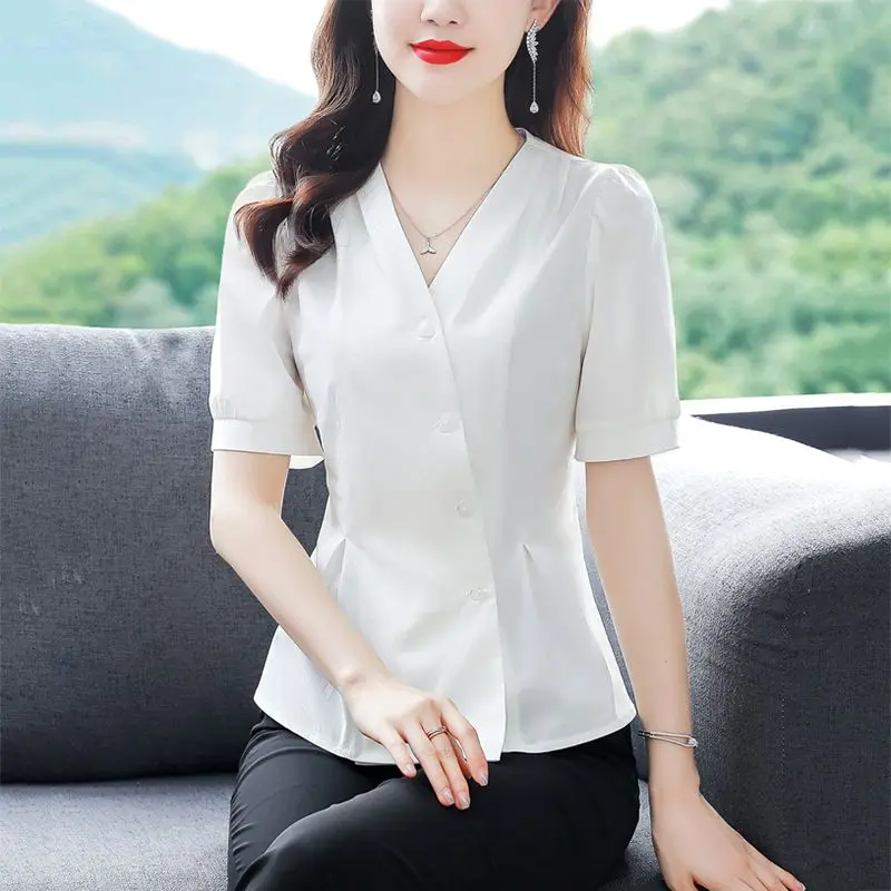 Women\'s Clothing Stylish Pleated Blouse Commute Solid Color Waist Summer Short Sleeve Elegant V-Neck Chic Single-breasted Shirt