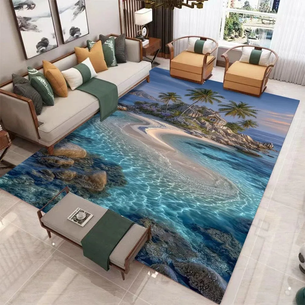 3D Seaside Sunset Seascape Rug Ins Visual Extension Non Slip Art Floor Mat for Living Room Bedroom Bay Window Home Decor