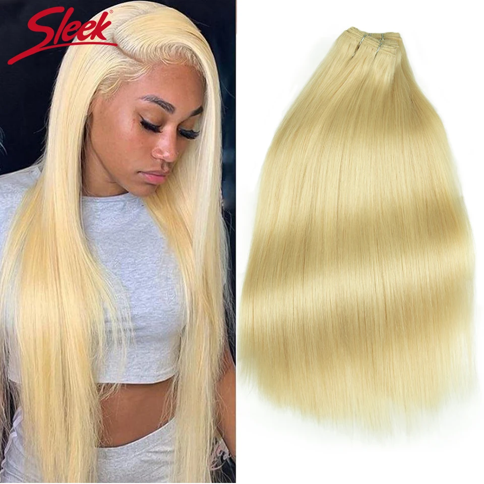 Sleek Peruvian Straight Human Hair Double Drawn Natural Human Hair Weave Bundles Honey Blonde 613  Remy Human Hair Bundle