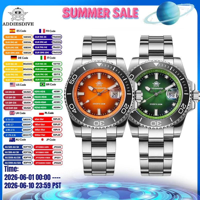 

ADDIESDIVE 41mm Diver Watch Fashion Gradient Color Rotatable Bezel Quartz Watches Luminous 200m Waterproof Stainless Men's Watch