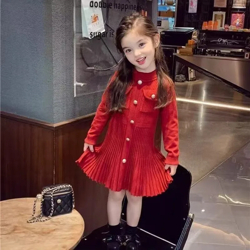 

2-6 Years Girls' Floral Knit Autumn And Winter Dress 2026 New Stylish Baby Princess Wool Dress 90-130cm