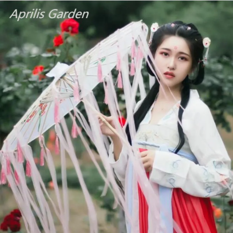 New Bamboo Oiled Paper Umbrella Women Tassels Yarn Ribbon Hanfu Umbrella Woman Parasol Retro Performing Japanese Chinese Style
