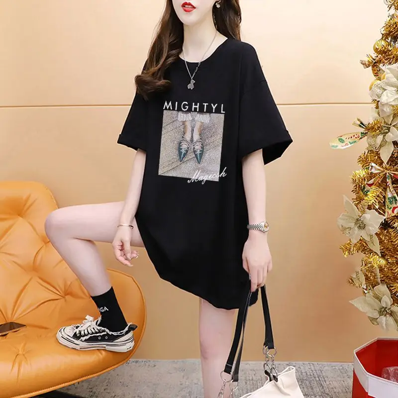 DAYIFUN Women's Shoe Printing T-shirt Summer Fashion Letter Loose Short Sleeve Girls' Tee Shirt Round Neck Fashion Design Tops