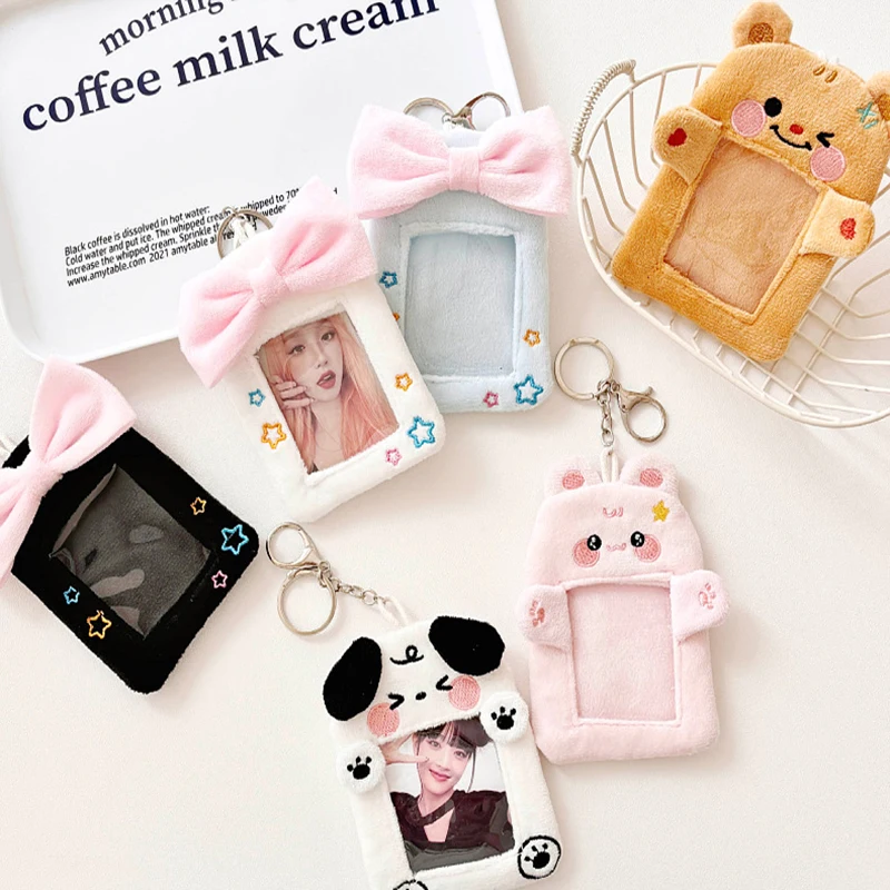 Creative Plush Photocard Holder Cute Plush Bow Bear Rabbit Dog Photo Card Holder Keychain Sweet Cartoon Card Protector Case