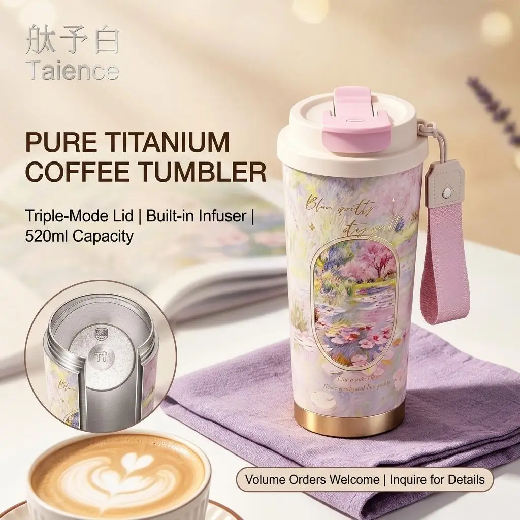 Taience Titanium Coffee Cup 520ml Insulated Tumbler with 3 in 1 Lid Tea Infuser Leak Proof Lightweight Gift Box for Travel
