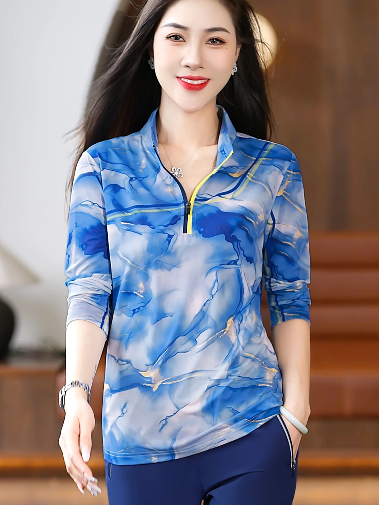 เสื้อยืดแขนยาวผ้าไหมน้ำแข็งลายพราง แห้งเร็ว บางเบา ระบายอากาศดี คอตั้ง สำหรับผู้หญิง ชุดออกกำลังกายกลางแจ้ง ผ้าโพลีเอสเตอร์...