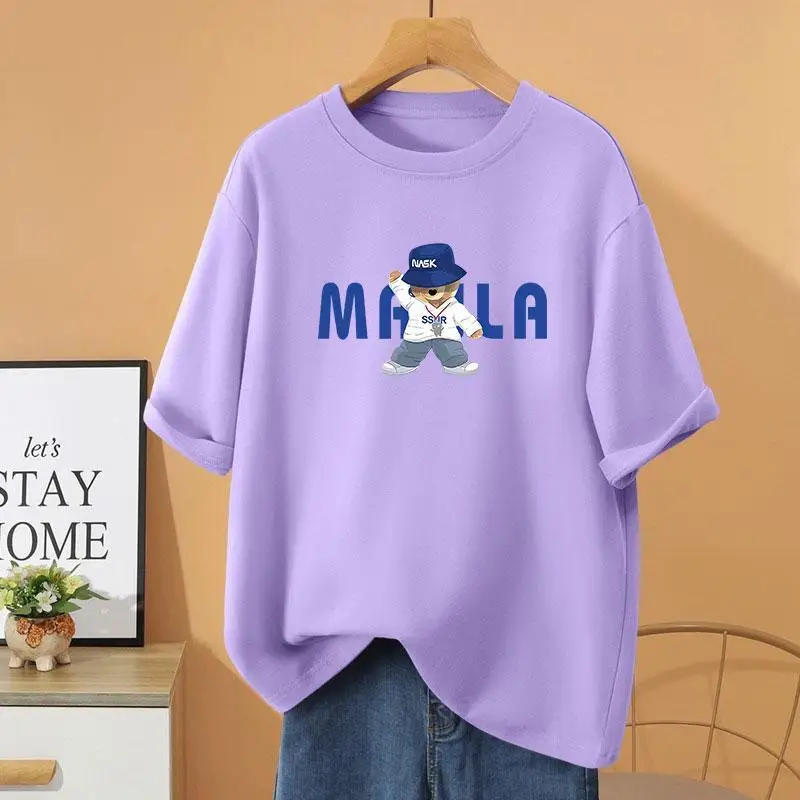 Summer 100% Cotton Casual Loose O-neck T-shirt, Vintage Basic Short Sleeve Top Tee, Women Clothing Cartoon Printed Pullovers