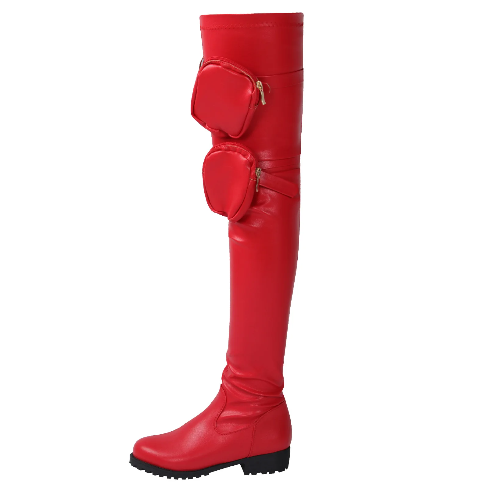 Botas altas por encima de la rodilla con bolsillos para mujer, zapatos elásticos de tacón plano rojo, punta redonda, invierno, 2023