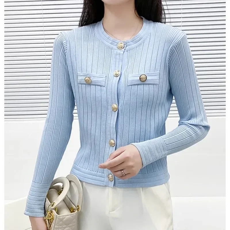 Chic Blue Knitted Cardigan Woman Gold Button Vintage Sweater Female Single-breasted Business Cropped Sweater Woman Tops