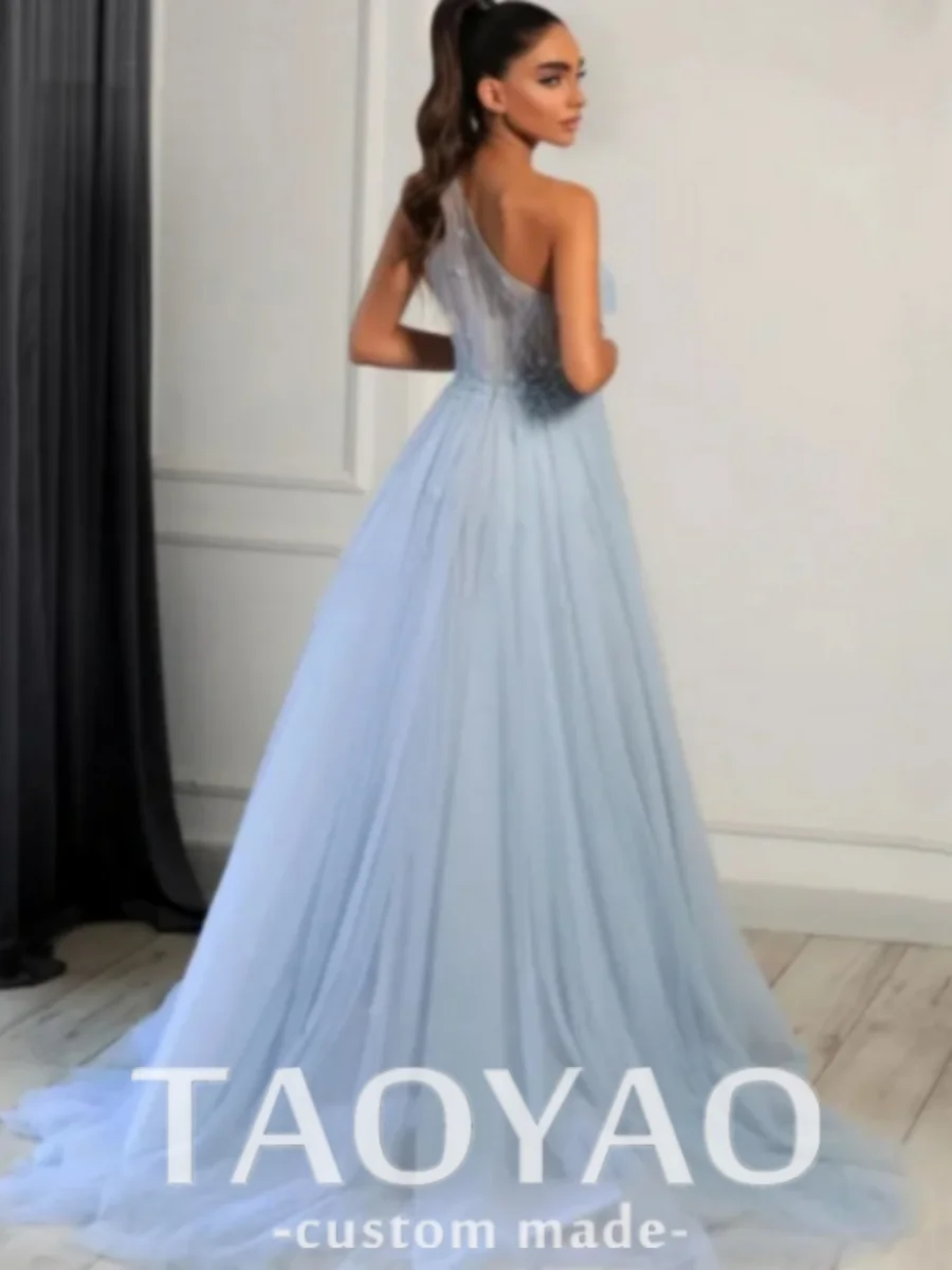 A-line 2024 Sky Blue Prom Dress Tulle One Shoulder Evening Dresses Women Wedding Party Gown Elegant Gowns Prom