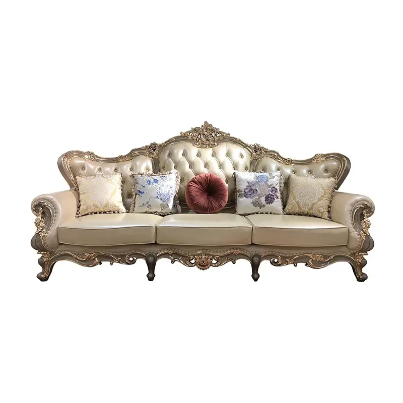 French leather sofa 123 combination, sofa solid wood carving flower villa sofa