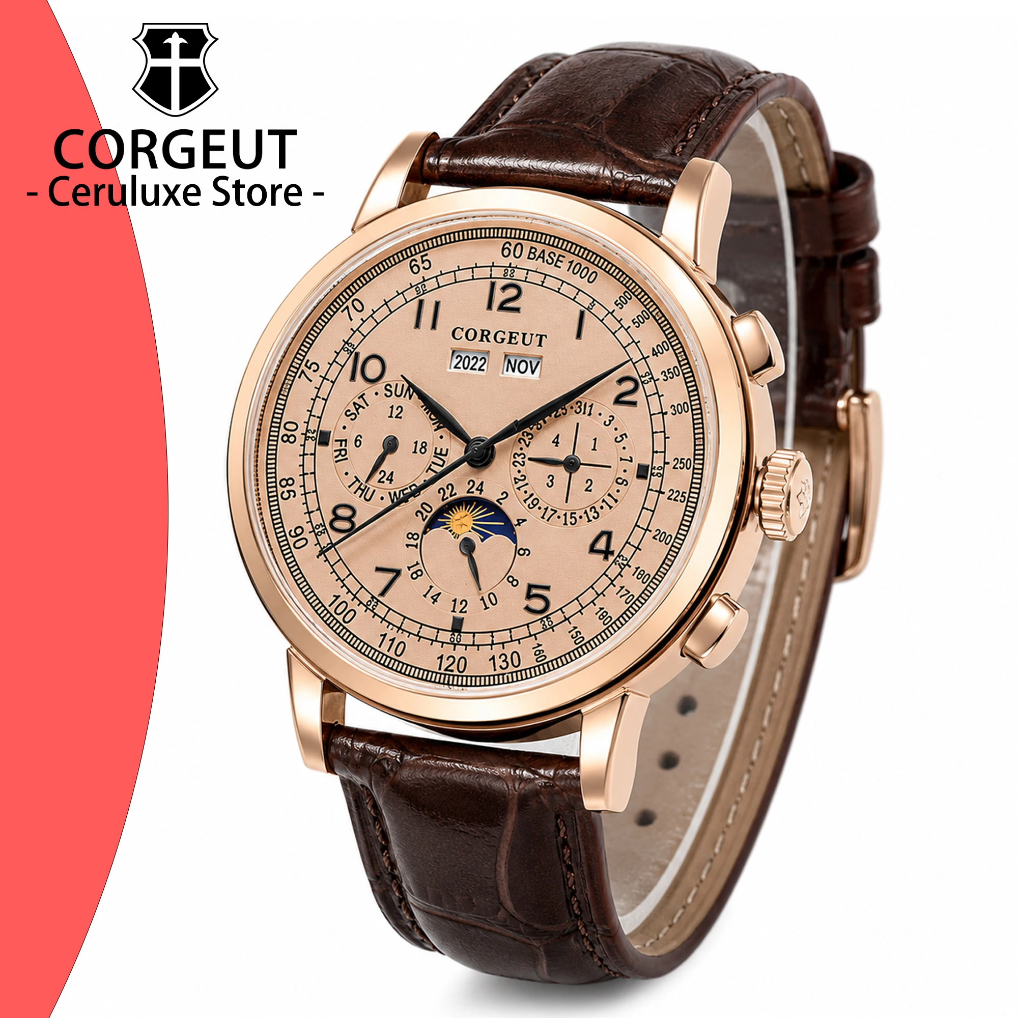 CORGEUT Automatic Mechanical Luxury Watches For Man Business Multification Date Day Month Year 316L Mechanical Men's Watches