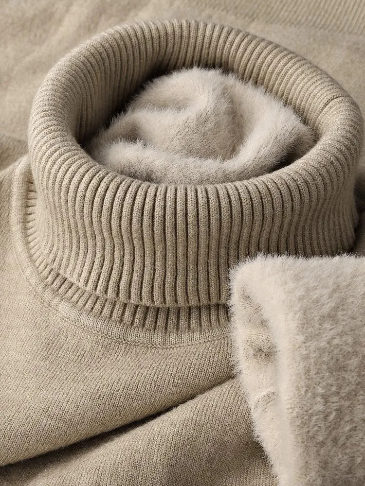 

Мужской вязаный свитер с высоким воротником, зимний, повседневный, модный, однотонный, цельный, из флиса...