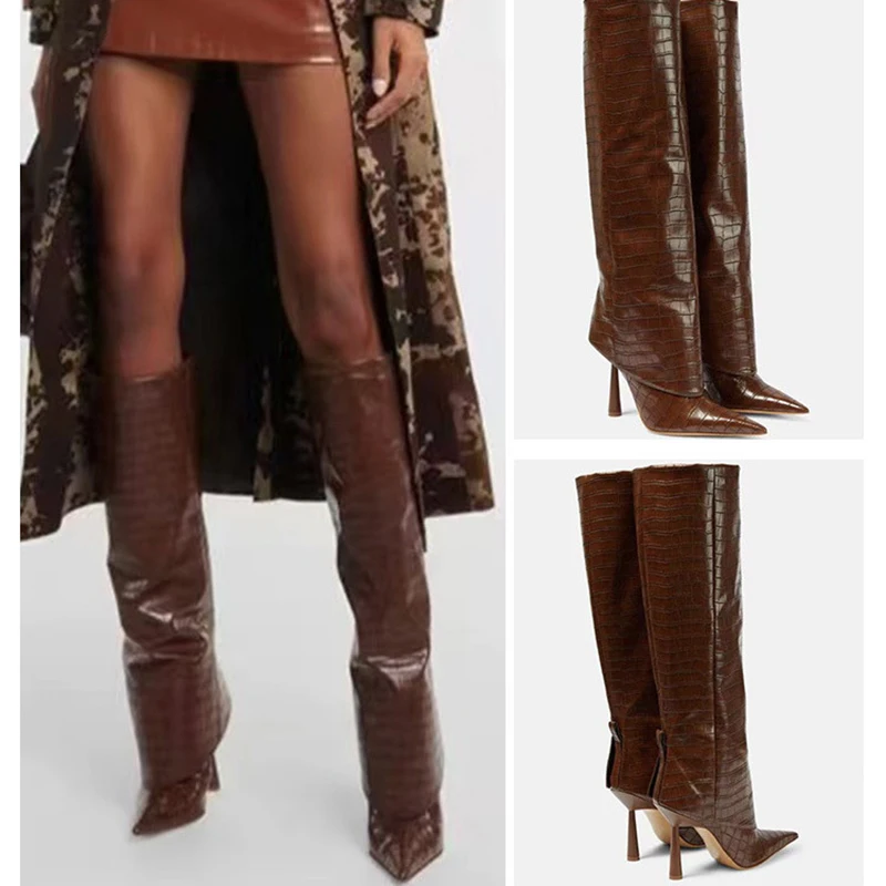 

European and American 2025 Autumn and Winter New Style Large Calf Circumference Pointed Toe Stiletto Heel Skirt Boots Long Patent Leather Fashion Boots Women's Boots