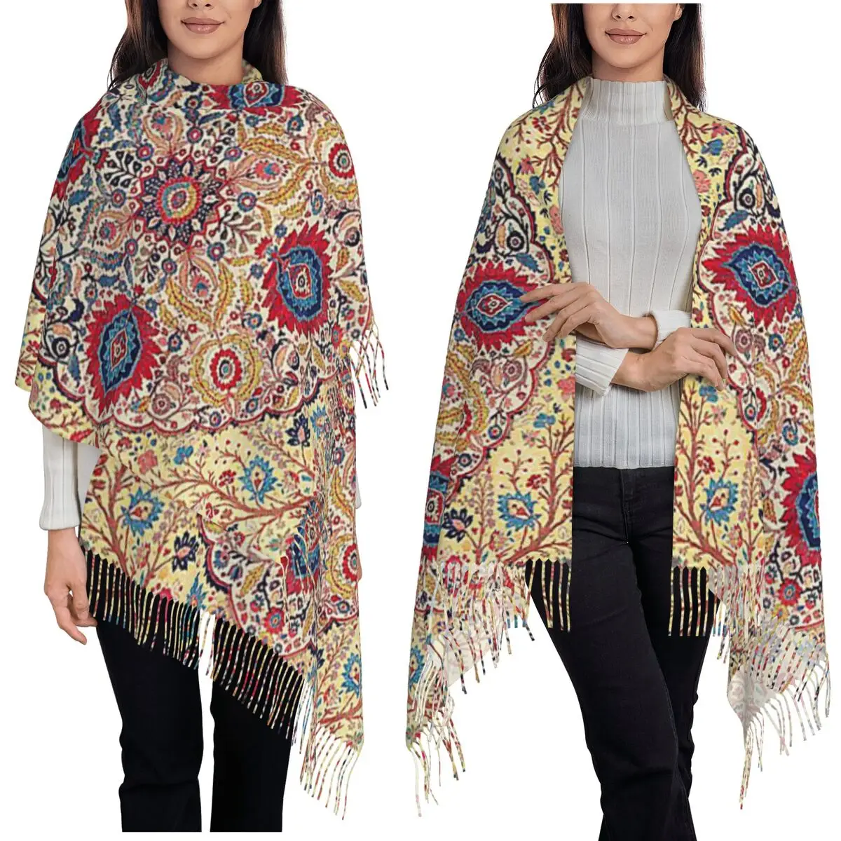 

Luxury Red Blue Antique Floral Persian Carpet Scarf Tassel Scarves Women Soft Warm Shawls and Wraps Long Fall Winter Shawl Wrap