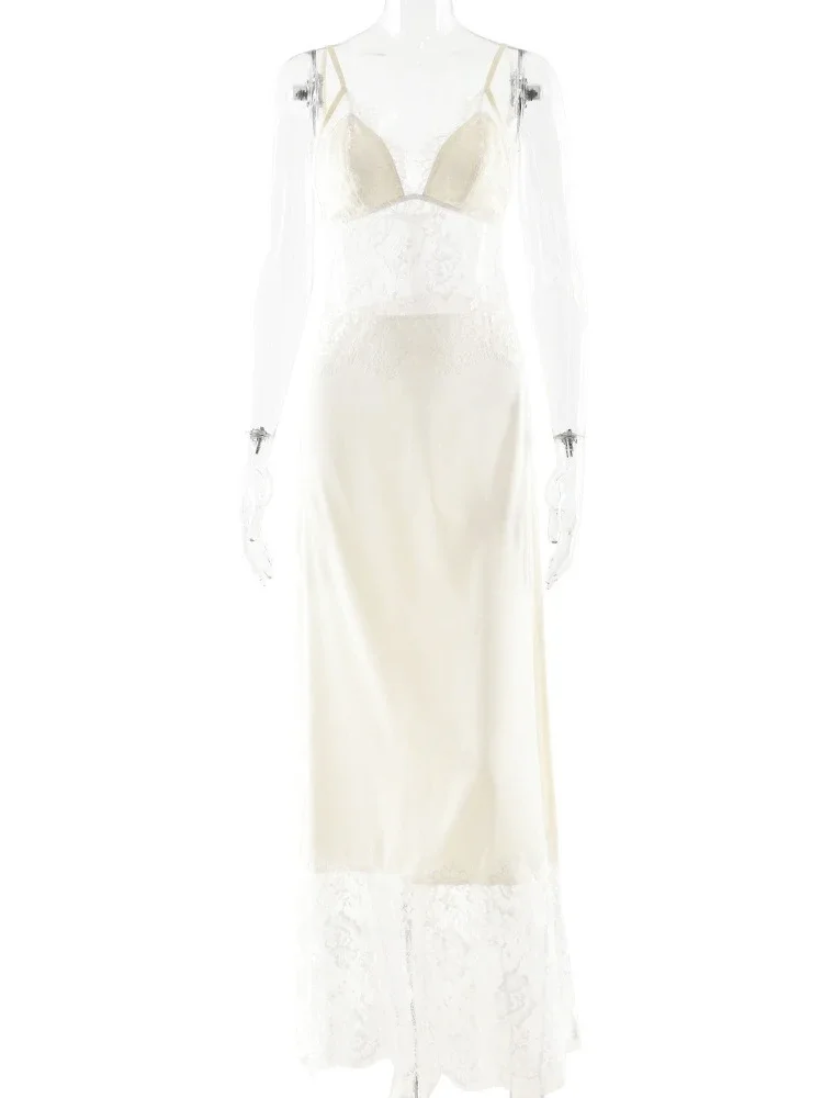 Chaxiaoa Abito lungo sexy senza schienale con cinturino per spaghetti Abito lungo da donna elegante patchwork in raso con scollo a V senza maniche Club Party