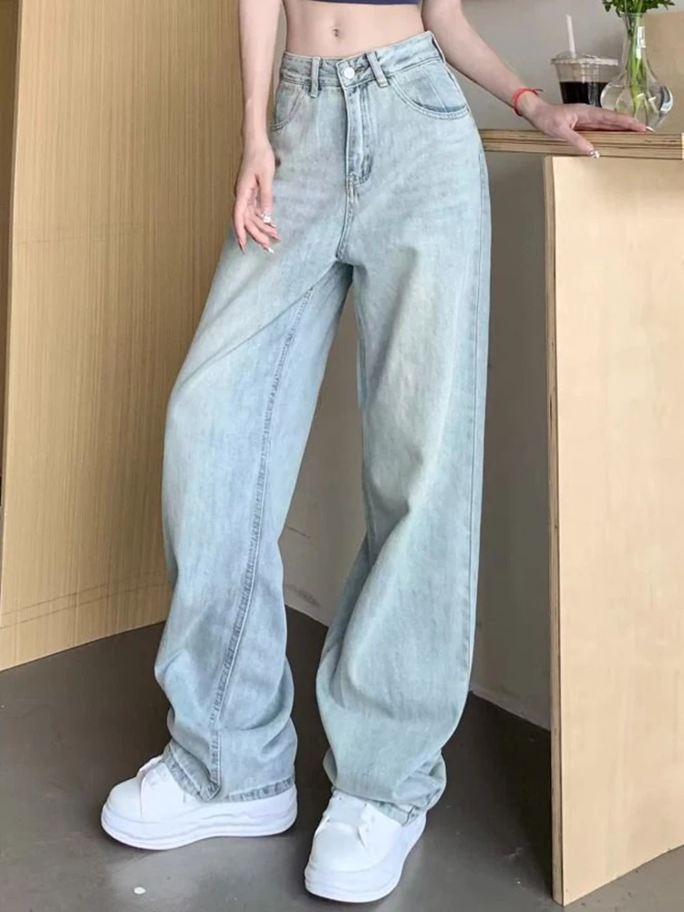 Woman American Retro Washed High Waist Loose Straight Leg Jeans Lady Light Blue Fashion Student Straight Leg Trousers Large Size