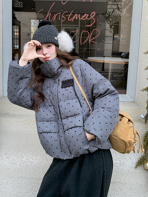 Veste matelassée chaude et amincissante pour femme, col montant à pois, nouvelle collection 2025, durable et élégante