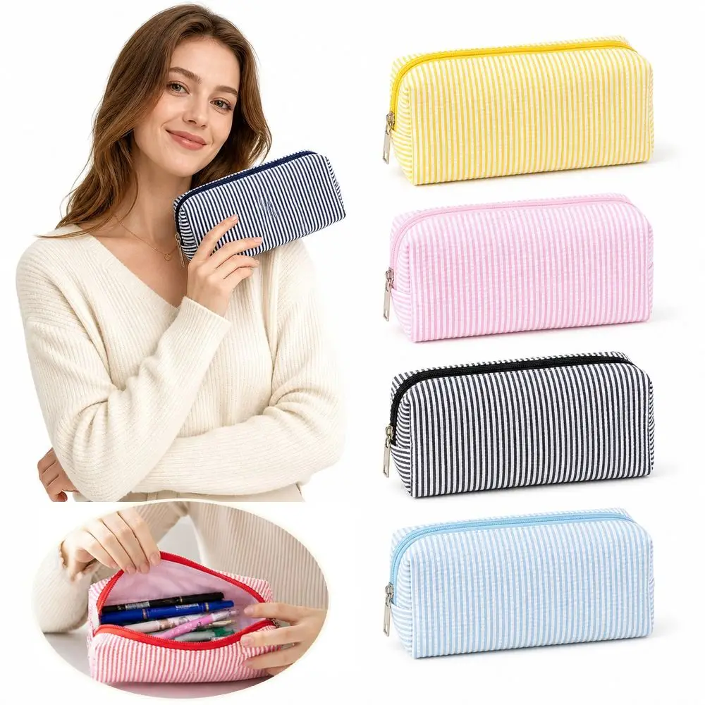 New Stripe Pattern Pen Pouch Multi-Purpose Zipper Closure Pencil Case Large Capacity Durable Pen Bag School Supplies