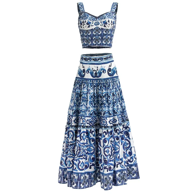 

Designer Summer Women Short Camis Corset Top＋Blue and White Porcelain Print Vacation Skirts Suit 2 Pieces Set