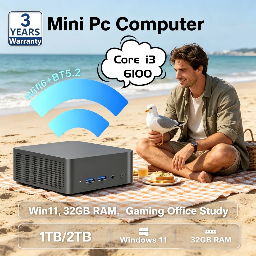 

Study Office Dedicated Premium MINI PC Core I3 6100 Windows 11 Pro 32GB RAM 1TB 2TB SSD WIFI6 BT5.2 4K HD Elite