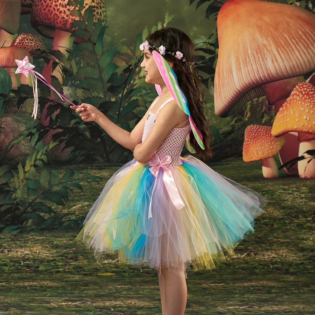 Beautiful Tulle Tutu Dress Rainbow Butterfly Wing Matching Set Pink Mesh Gown Birthday Carnival Stage Festive Performance Outfit
